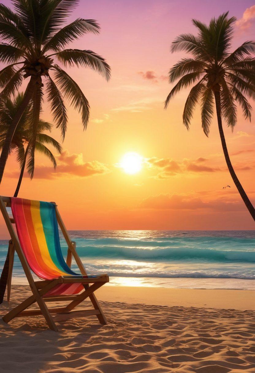 A serene beach scene at sunset, with colorful beachwear draped over a wooden lifeguard chair. Waves softly crashing, while musical notes float in the air, connecting the vibrant fabrics to the soothing sounds of nature. In the background, palm trees sway gently, creating an atmosphere of tranquility and emotion. super-realistic. vibrant colors. warm tones.
