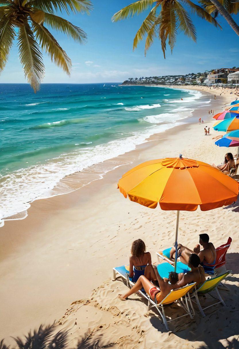 A picturesque scene featuring a sun-soaked beach with colorful swimwear hanging on beach umbrellas, while a group of friends enjoys music playing from a portable speaker. The background should show gentle waves rolling onto the shore, with musical notes dancing in the air blending with the ocean breeze. Capture the essence of joy, relaxation, and summer vibes. vibrant colors. super-realistic.