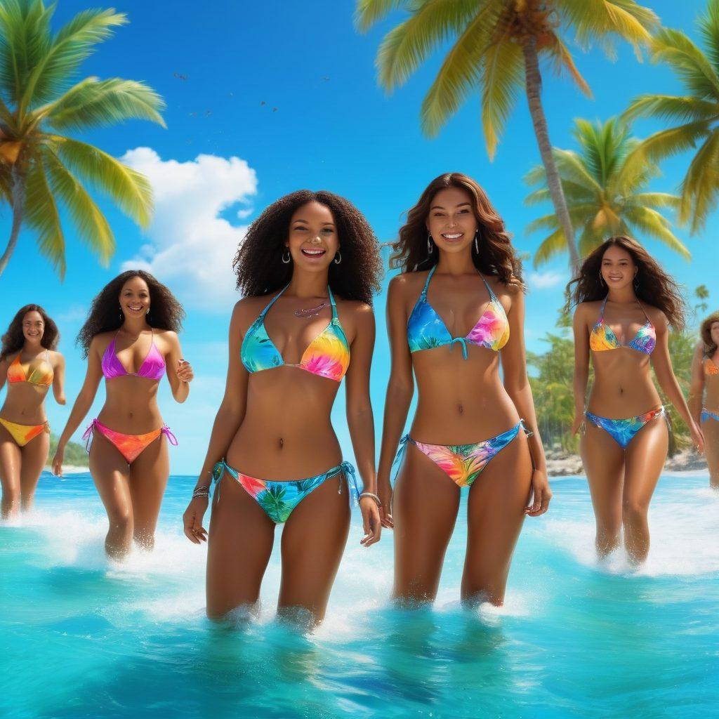 A vibrant beach scene featuring diverse models in colorful tropical bikinis, splashing in the waves under a bright sun. The background showcases lush palm trees and a clear blue ocean, with musical notes artistically integrated into the waves to symbolize melodic memories. The atmosphere is joyful and energetic, capturing the essence of summer. bright colors. tropical theme. super-realistic.
